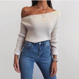 Fongt Women's Spring New Sexy Fashion Long-Sleeved Knitted Shirt Slanted Shoulder Sweater Top Woman