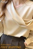 Slim Women Off-Shoulder Long Sleeve Chiffon Blouse Autumn 2023 Elegant Satin shirt Solid OL Tops Chemisier Femme