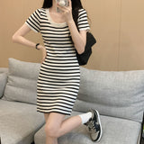New External Collar Short-Sleeved Striped Knitted Dress Korean Version Of Chic Lazy Casual Straight