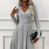 Fongt 2025 Autumn And Winter Fashion Temperament Pure Color V-Neck Spliced Sweater Dress