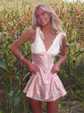 Pink V-neck Tie Up Patchwork Satin Mini Dress-Outfit