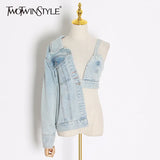 Patchwork Asymmetrical Denim Coat Women Long Sleeve Off Shoulder V Neck Sexy Denim Tops Female Fashion 2020