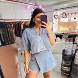 Fongt Casual Jeans Set Women's Summer Loose Skinny POLO Short Sleeve Shirts Irregular Dresses