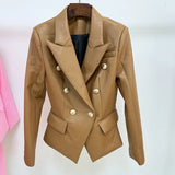 STREET Newest 2022 Designer Jacket Women's Lion Buttons Double Breasted Slim Fit Synthetic Leather Blazer Chocolate