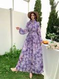 Fongt Light Luxury Temperament Dress Female High-End Feel Strapped Waist Three-Dimensional Flower Lantern Sleeve Print Dress