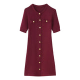 Fongt Women's New Fashion Collar Single Buckle Short Sleeves Thin Knit Mini Dress