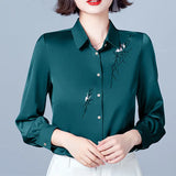 Vintage Women's Shirt Blouses for Women Solid Embroidered Long Sleeve Top Woman Polo Neck Clothing Female Button Up Basic