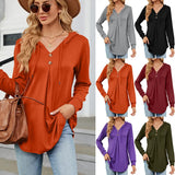New V-Collar Solid Color Button Drawrope Long Sleeve Loose T Shirt Hoodie-Outfit