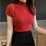 Knitted T-shirts Turnelneck Tees Plain Solid Knitted Short Sleeve Casual O-neck T-Shirts For Women 2020