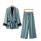 And Winter New Style Plumage Casual Suit Jacket Printed Pendant Wide-Leg Trousers Suit-Outfit