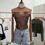 Sexy Micro-Permeable Mesh Splicing Pu Skin Bottom Shirt Women Autumn And Winter Body Repair Short Long-Sleeved T-Shirt Top