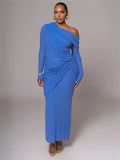 Draped Off-Shoulder Long Sleeve Top And Maxi Skirt Set-Outfit