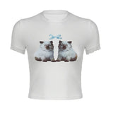 Summer New Ins Style Street Girls Slim, Thin, Short Sleeves, Cat Bowtie Printed T-Shirts-Outfit