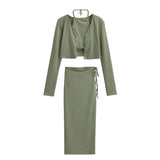 Trendy Women's Suit Is Sexy And Fashionable Long-Sleeved Jacket Sling Vest Forked Skirt Three-Piece Set-Outfit