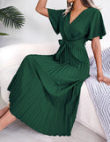 Explosion Real Shooting Spring And Summer Temperament Cross V Collar Big Swing 100-Fold Dress Women's