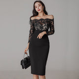 Fongt Stitching Lace Sexy Dress 2025 New Korean Style Temperament Medium-Long Bag-Buffet Dress