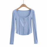 New Anti-Line Design Autumn Round-Collar Buckle Slim Chest Stretch Long-Sleeved T-Shirt-Outfit