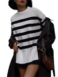 Fongt Autumn And Winter Women's Clothing Jacket Loose Round Collar Bump Color Knitted Striped Sweater Woman