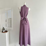 Fongt Femininity Purple V-Necked Neck Dress Female Design Feel Belt Strap Vest Skirt