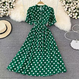 Fongt Summer French Retro Skinny Bubble Short-Sleeved V-Neck A-Shaped Dress Elegant Temperament Long Dress
