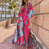 Autumn New Wish Sexy V-Tie Single-Breasted Floral Beach Dress-Outfit