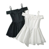 Fongt Spring New Sweet One Word Collar Sling Dress Sexy Back Chic Slim Short Dress-Outfit