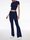 Short Sleeve Cropped Top Fold-over Flare Pants Set-Outfit