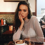 Mesh Shiny Long Sleeve T Shirt Women Spring Transparent Club Party Black Tee Shirts Sexy Thin O Neck Short