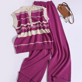 Fongt Suit Women's Korean Version Of Sleeveless Collars With Striped Knitted Shirt Tops Two Sets Of Leisure High-Rise Broad