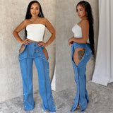 Fongt Women's High-Waist Jeans Women's Fashion Street Double Button Closed Casual Trousers