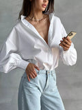 Sleeve Lady Shirt 2024 Summer Lazy Temperament Commuting Versatile Round Collar Lantern Sleeve Shirt-Outfit