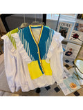 New Fashion Rainbow Striped Stitching Knitted Sweater Korean Style V-Neck Ruffled Long Sleeved Casual Outer Women