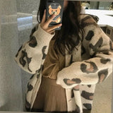 Sweaters Korean Casual Autumn Pink Leopard V-Neck Long Sleeve Cardigans Loose Coat Pull