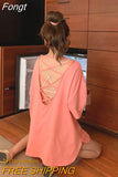Sleeve T-shirts Women Solid Backless Chic Fashion Loose Leisure Oversize Sexy Cozy O-neck Tshirts Elegant Womens