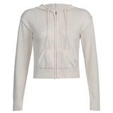 Fongt Hooded Zipper Cardigan Pocket Design Solid Color Sweater Coat Slim Short Style Top-Outfit