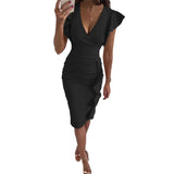 Fongt New Multi-Color Printing Dress V Collar Lotus Edges Sexy High-Waisted