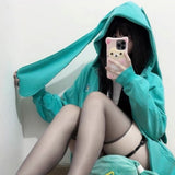 Anime Rabbit Ear Detachable Hoodie Jackets Y2k Long Sleeve Zipper Coat Women Spring New Mid-length Loose Tops Mujer-Outfit
