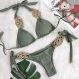Fongt New Bikini Solid Color Split Swimsuit Sexy Hand-Woven Women's