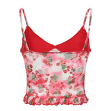 Vintage y2k Mesh Crop Top Women Summer Floral Print Sleeveless Patchwork Spaghetti Strap Tops Ladies Sexy Aesthetic Tees-Outfit