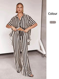 Fongt Summer Women's Fashion Casual Polo Collar Stripe Color Patchwork Short Sleeve Set 88175-Outfit