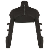 Wind Hollowed-Out Zipper High-Collar Ultra-Short Woven Blouse 2023 Summer New Spicy Girls Casual Blouse-Outfit