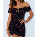 Ruffle Office Lady Slash Neck Printed Pencil