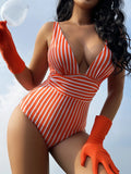 Fongt New One-Piece Big V-Neck Swimsuit Women's Striped Backless Swimsuit Women's Feel