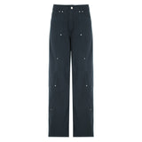 Rivet Design Irregular Loose Straight Jeans Women's Fashionable Solid Color Casual Trousers-Outfit