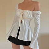 Fongt Shirt Women's Slim Pleated Strap Set Horn Long Sleeve Top Y2K-Outfit