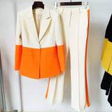 QUALITY Newest 2023 Star Style Fashion Designer Runway Suit Set Women's Single Button Color Block Blazer Flare Pants