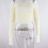Women's T-shirt Off-the-shoulder Chic Solid Color Long Sleeve Ruched Pleated Mesh Crop Tops Casual Fashion Slim Tee