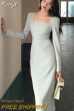 Midi Dress Spring Summer 2023 New Elegant Fashion Office Lady Long Sleeves Solid Color Women Slim Party Clothes