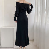 Hepburn Style Advanced Sexy Shoulder Black Long-Sleeved Knitted Dress Women's Autumn Temperament Slim Dress-Outfit