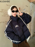 Navy Blue Bow Stripe Puffer Jacket-Outfit